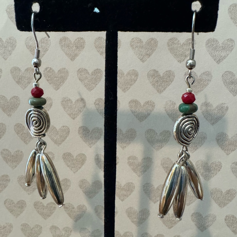 Southwest Style Earrings with Genuine Turquoise & Red Bead Accents - Handmade - Picture 4 of 4